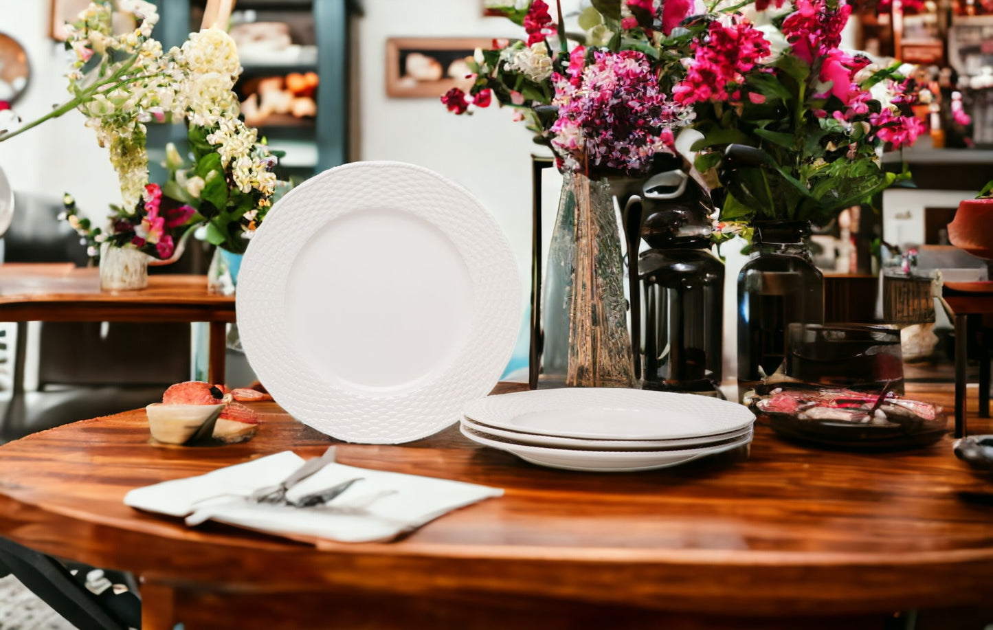 White Four Piece Weave Stoneware Service For Four Dinner Plate Set-1