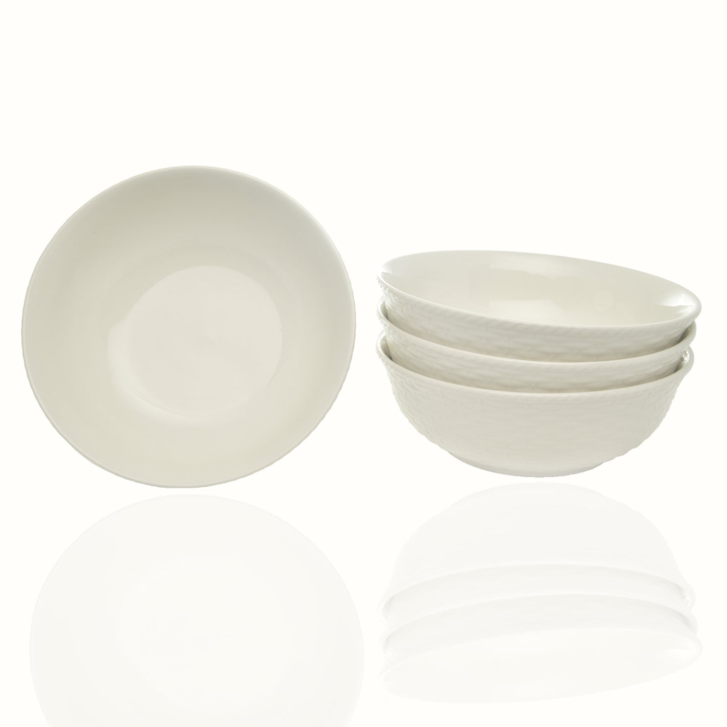White Four Piece Round Weave Stoneware Service For Four Bowl Set-0