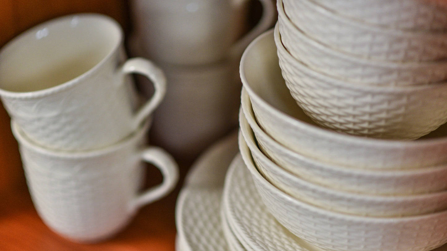 White Four Piece Round Weave Stoneware Service For Four Bowl Set-4