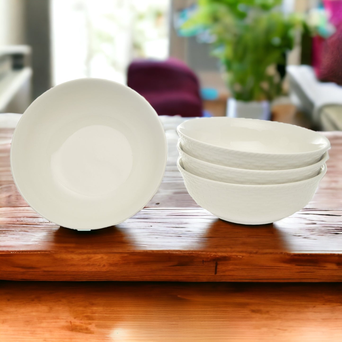 White Four Piece Round Weave Stoneware Service For Four Bowl Set-1
