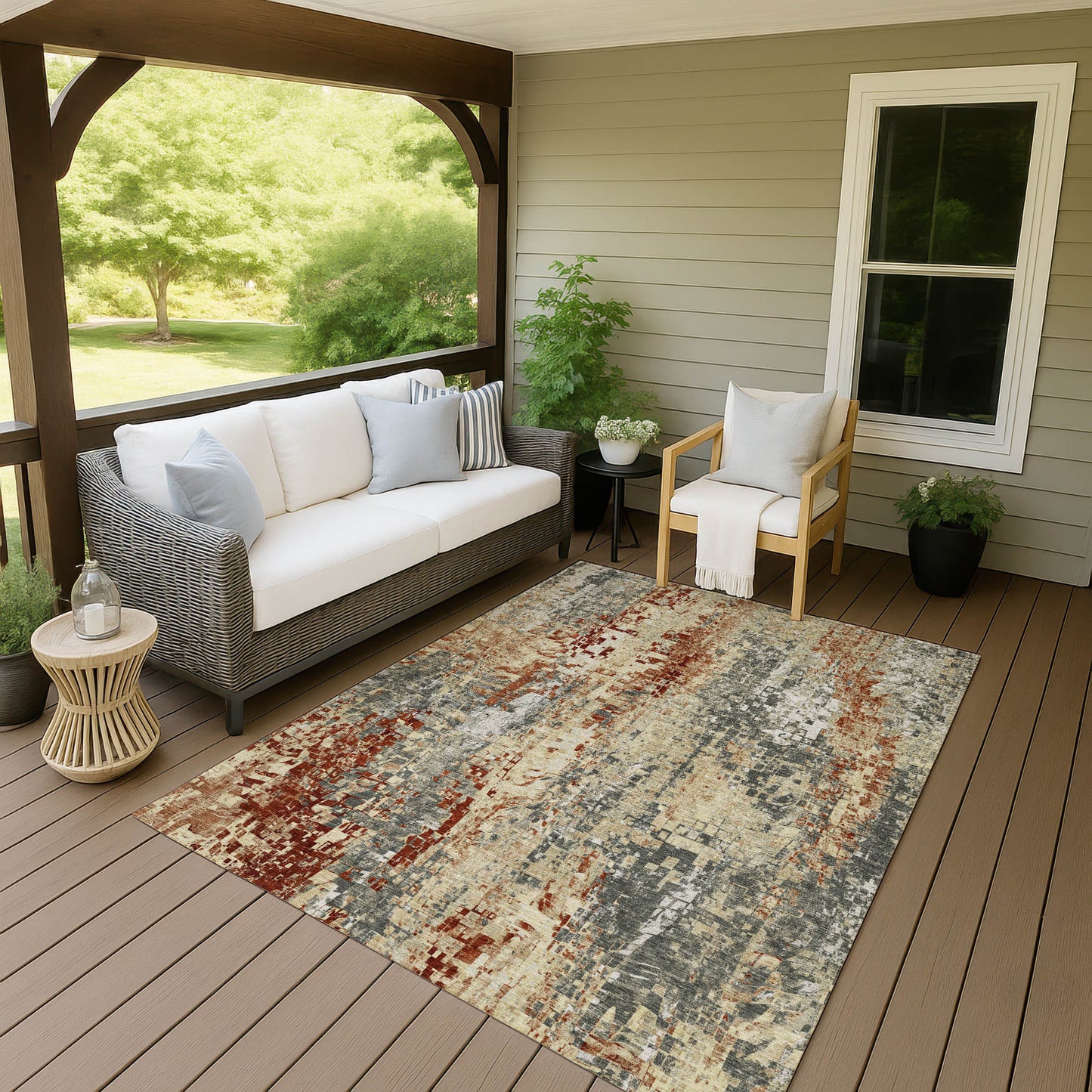 9' X 12' Pewter Rust And Gray Abstract Washable Indoor Outdoor Area Rug