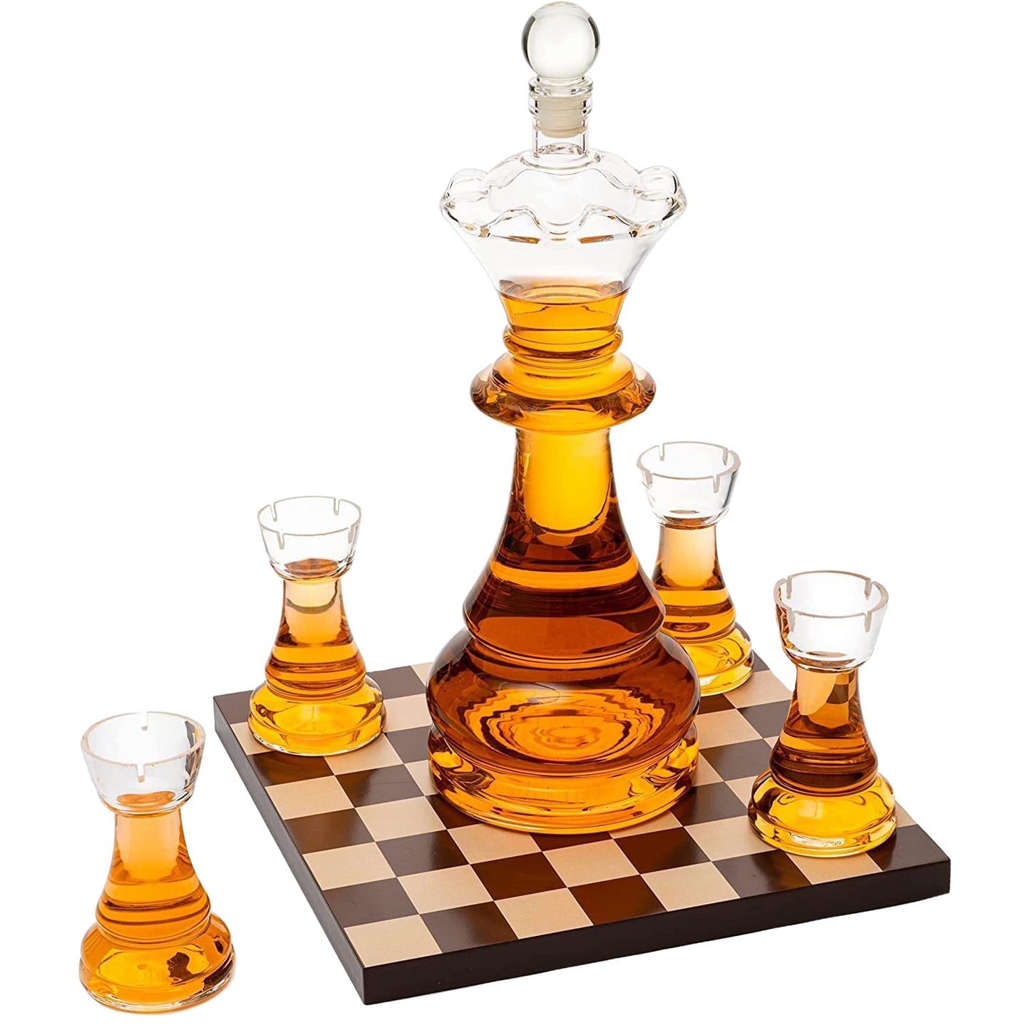 New Chess Decanter Set by The Wine Savant - Queen Chess Decanter 750ml 12" H With 4 Rook Shot Glasses 4oz - Queen's Gambit, Chess Player Gifts, Whiskey, Wine Lovers Gifts for Dad…