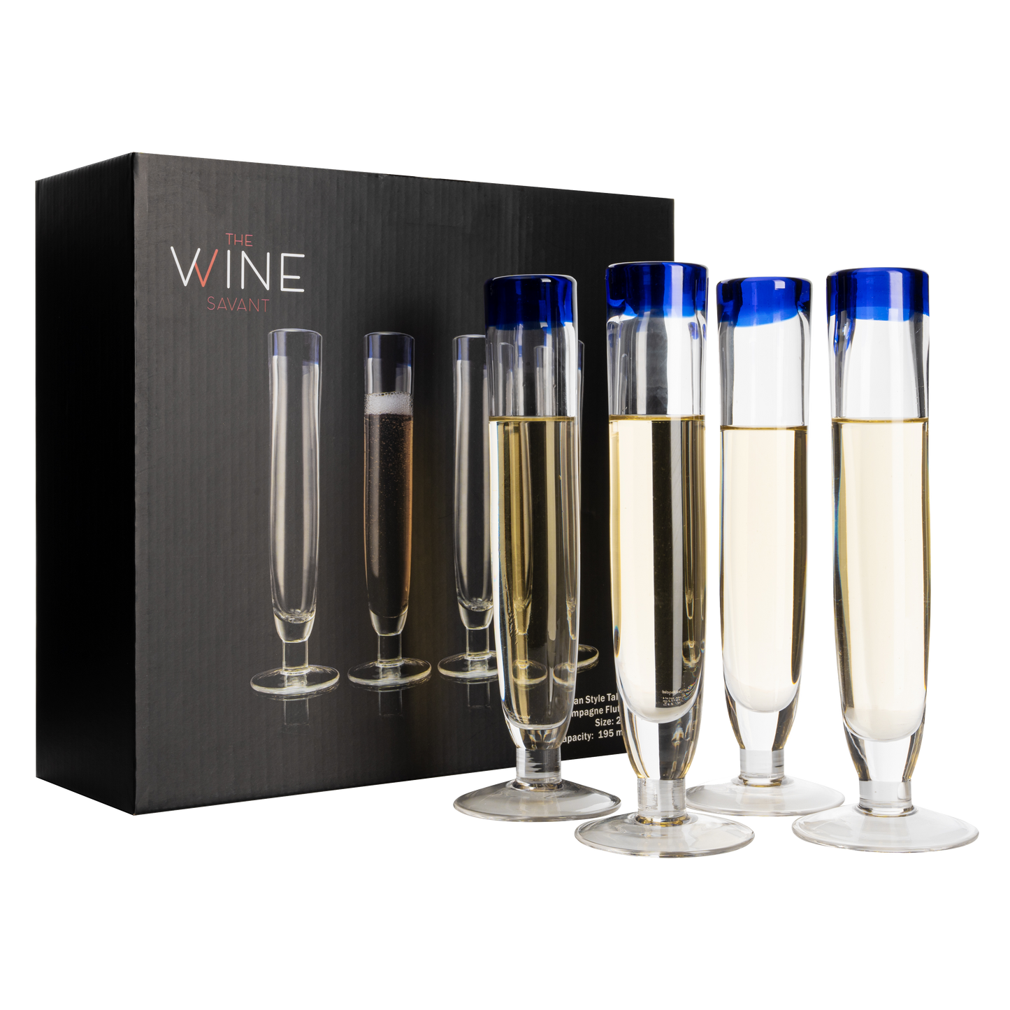 Tall Recycled Champagne Flutes - Set of 4 - Mexican Hand Blown Cobalt Blue Rim Flute – Luxury Mexican Thick Glassware 7oz, Juice & Cocktail Drinking Glass Holiday Celebration, Weddings, Anniversary