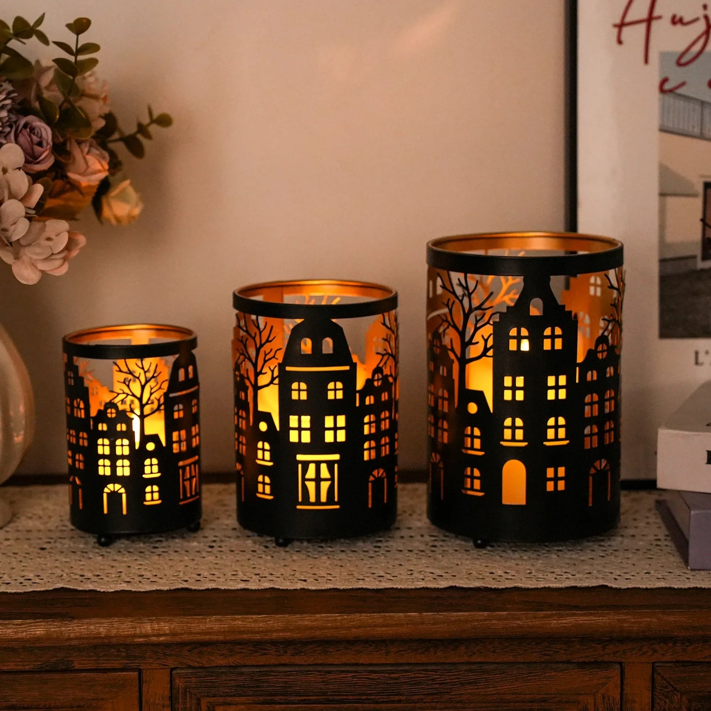Etched Iron Village Lantern Set — Set of 3