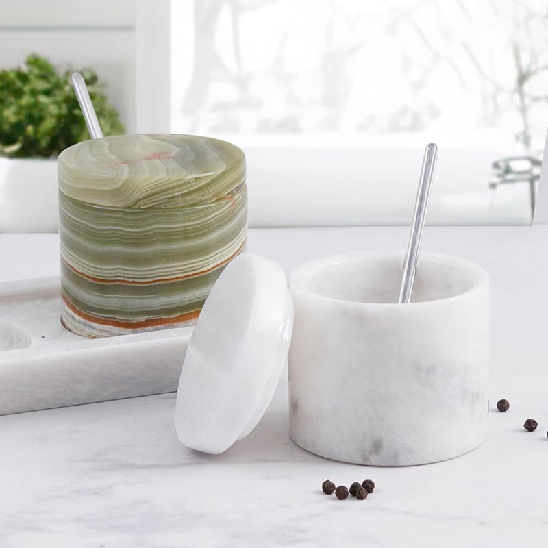 Salt Cellar with Lid, Spoon and Tray - Marble Serving Tray