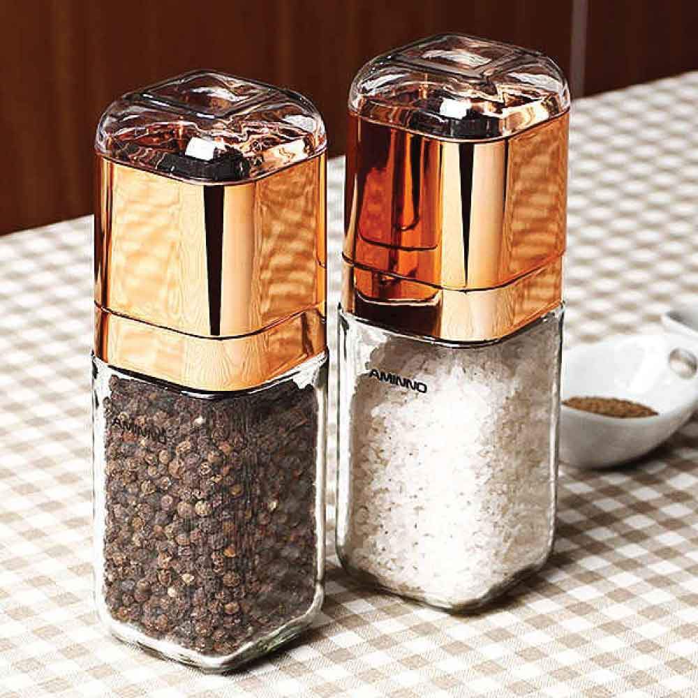 NNEDSZ Salt and Pepper Grinder - 180ml Glass Design + Rose Gold Bottle Manual Hand Mill