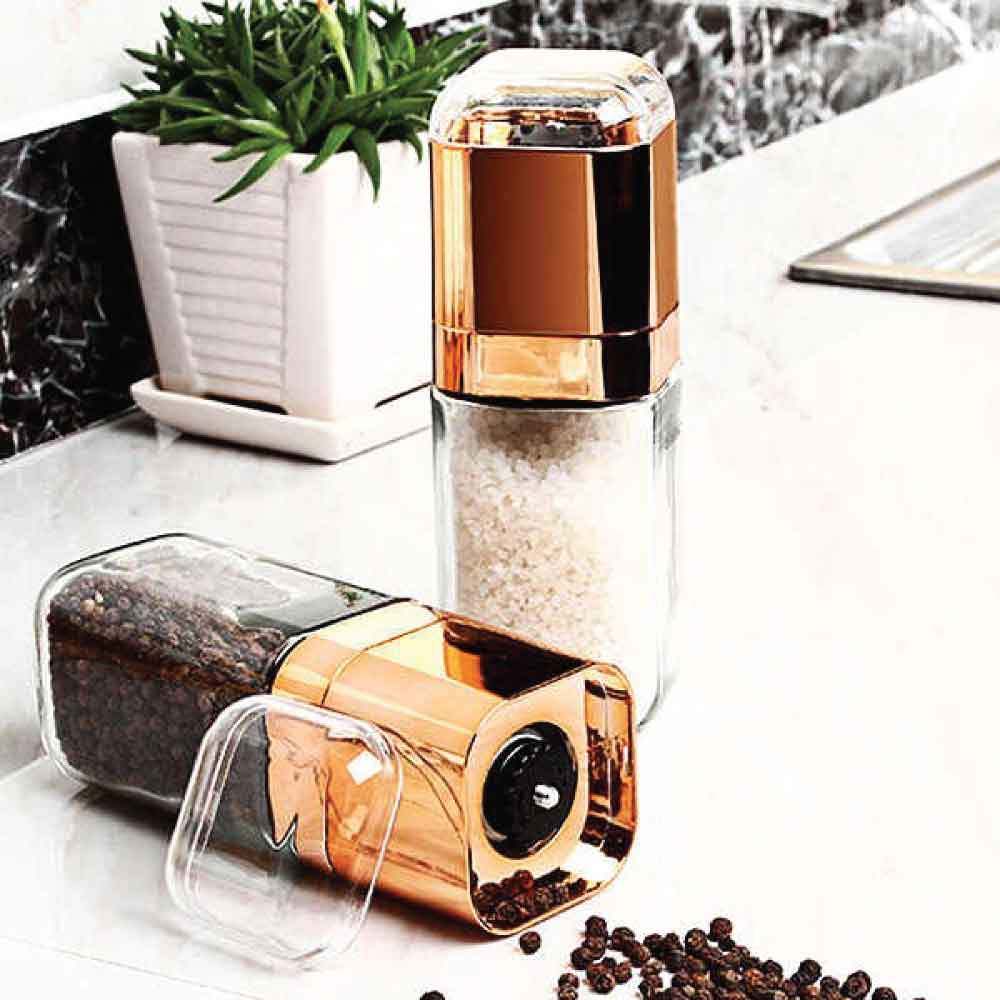 NNEDSZ Salt and Pepper Grinder - 180ml Glass Design + Rose Gold Bottle Manual Hand Mill