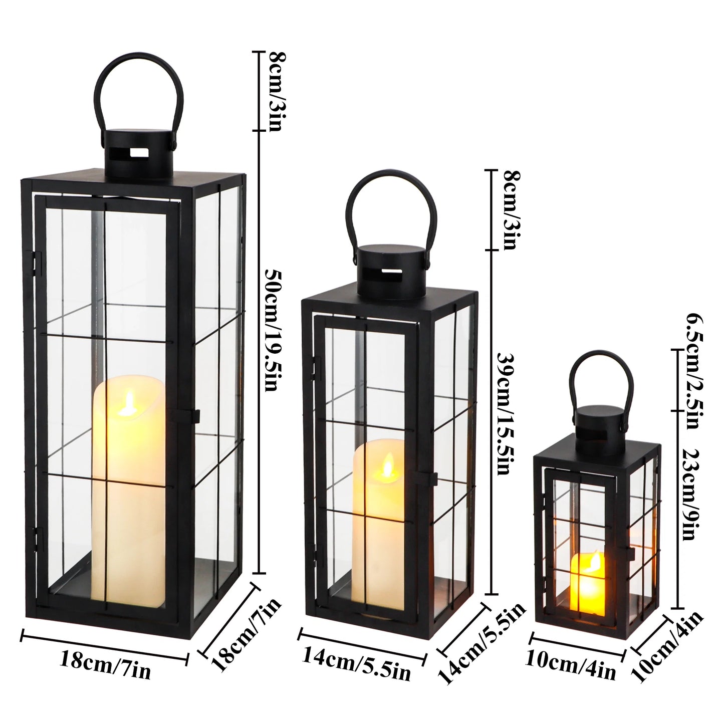 Set of 3 - Assorted Sizes (9/15.5/19.5 Inch) Tall Decorative Hanging Lanterns with Tempered Glass Panels-4