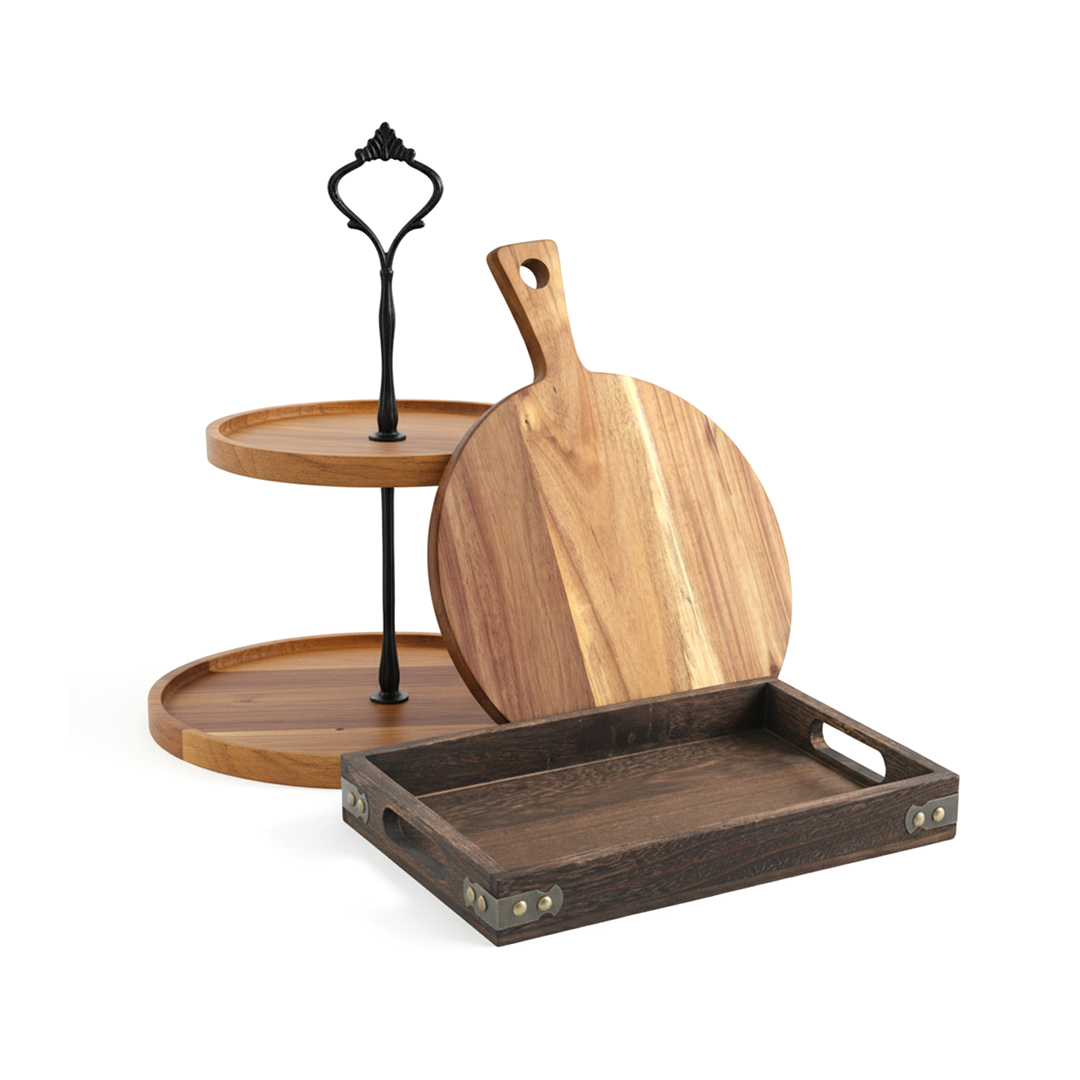 Wooden Dessert Stand, Serving Tray & Cutting Board Bundle