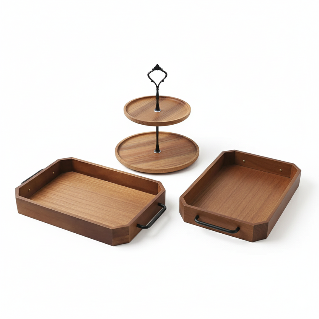 Paulownia Wood Serving Tray & Acacia Dessert Stand Bundle