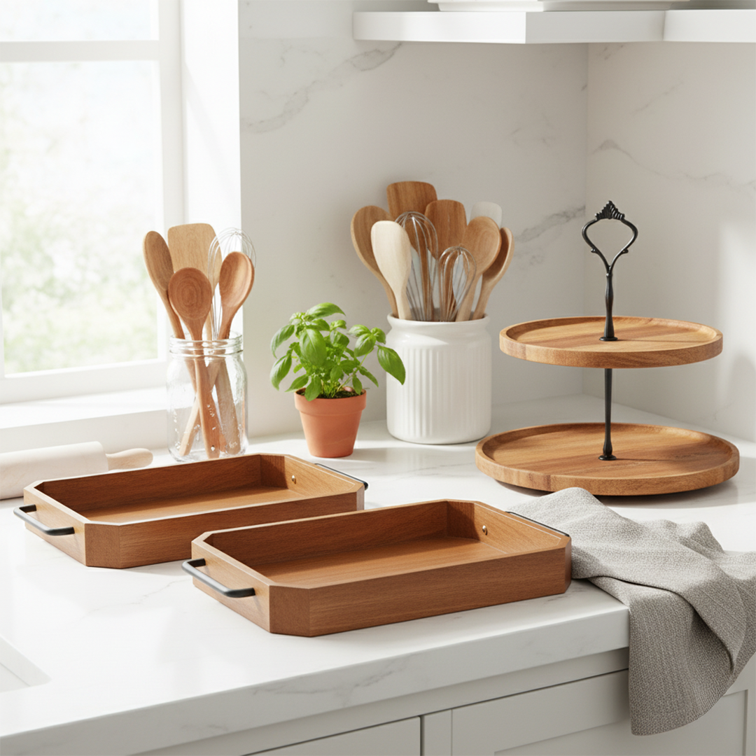 Paulownia Wood Serving Tray & Acacia Dessert Stand Bundle