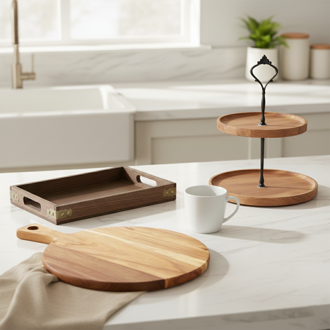 Wooden Dessert Stand, Serving Tray & Cutting Board Bundle