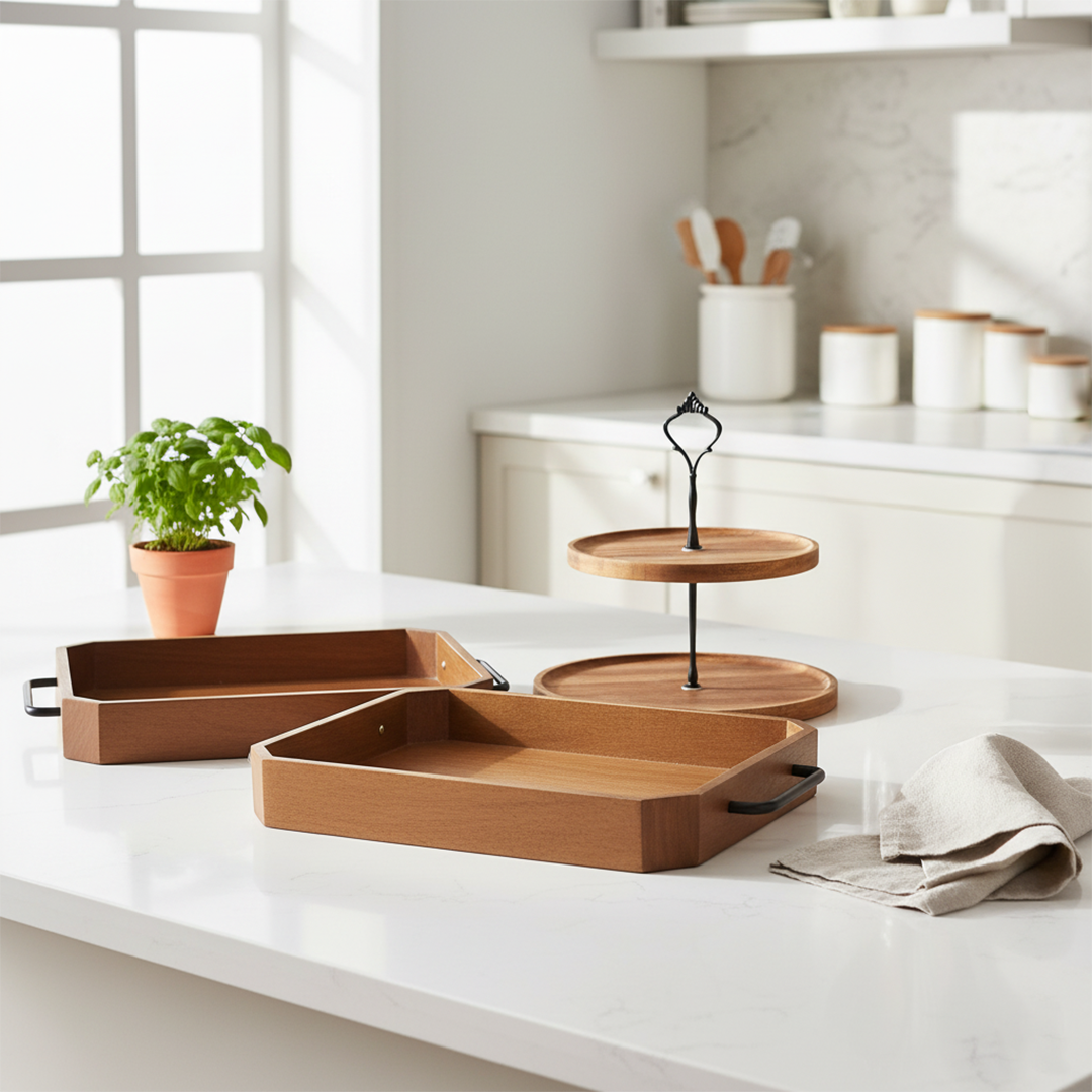 Paulownia Wood Serving Tray & Acacia Dessert Stand Bundle