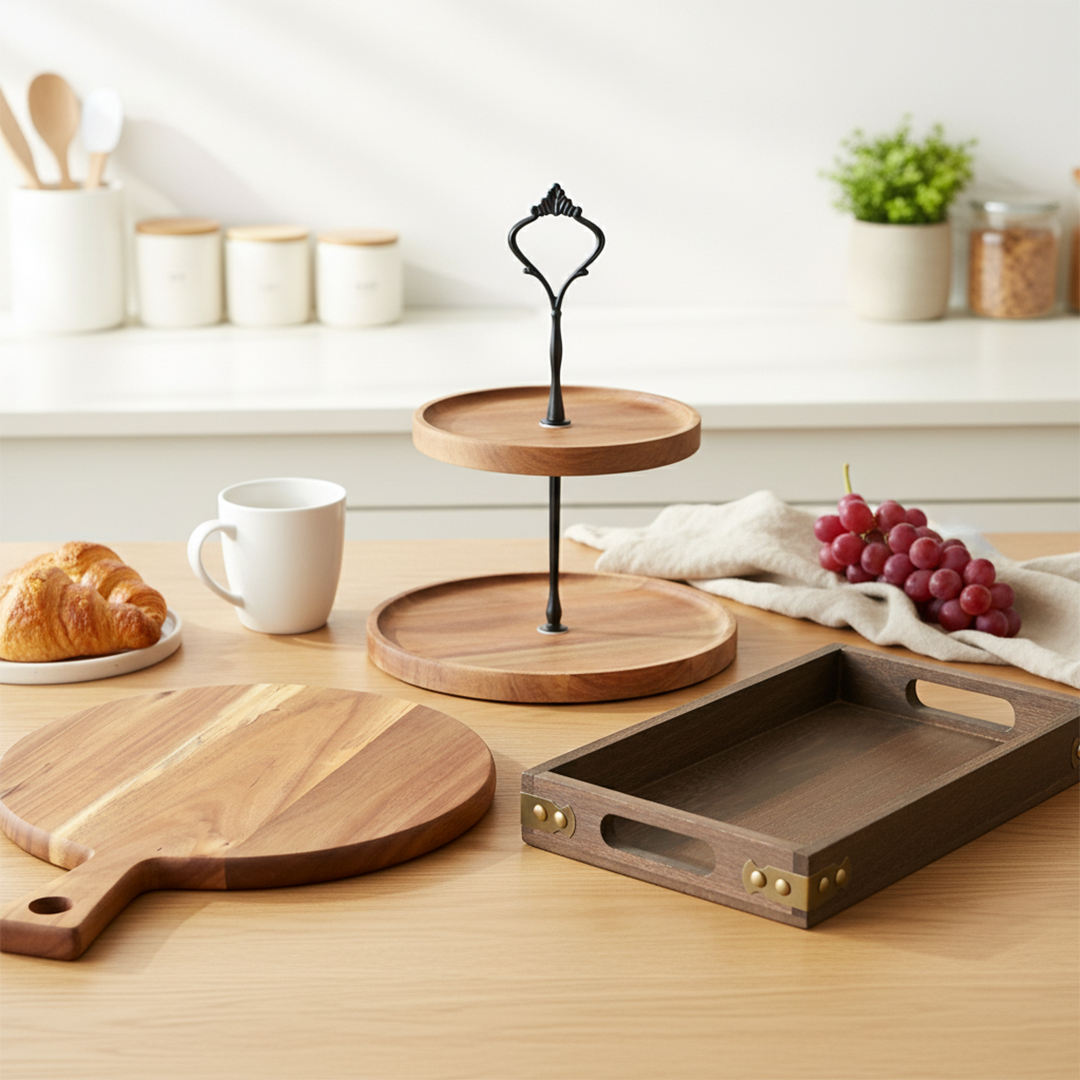 Wooden Dessert Stand, Serving Tray & Cutting Board Bundle