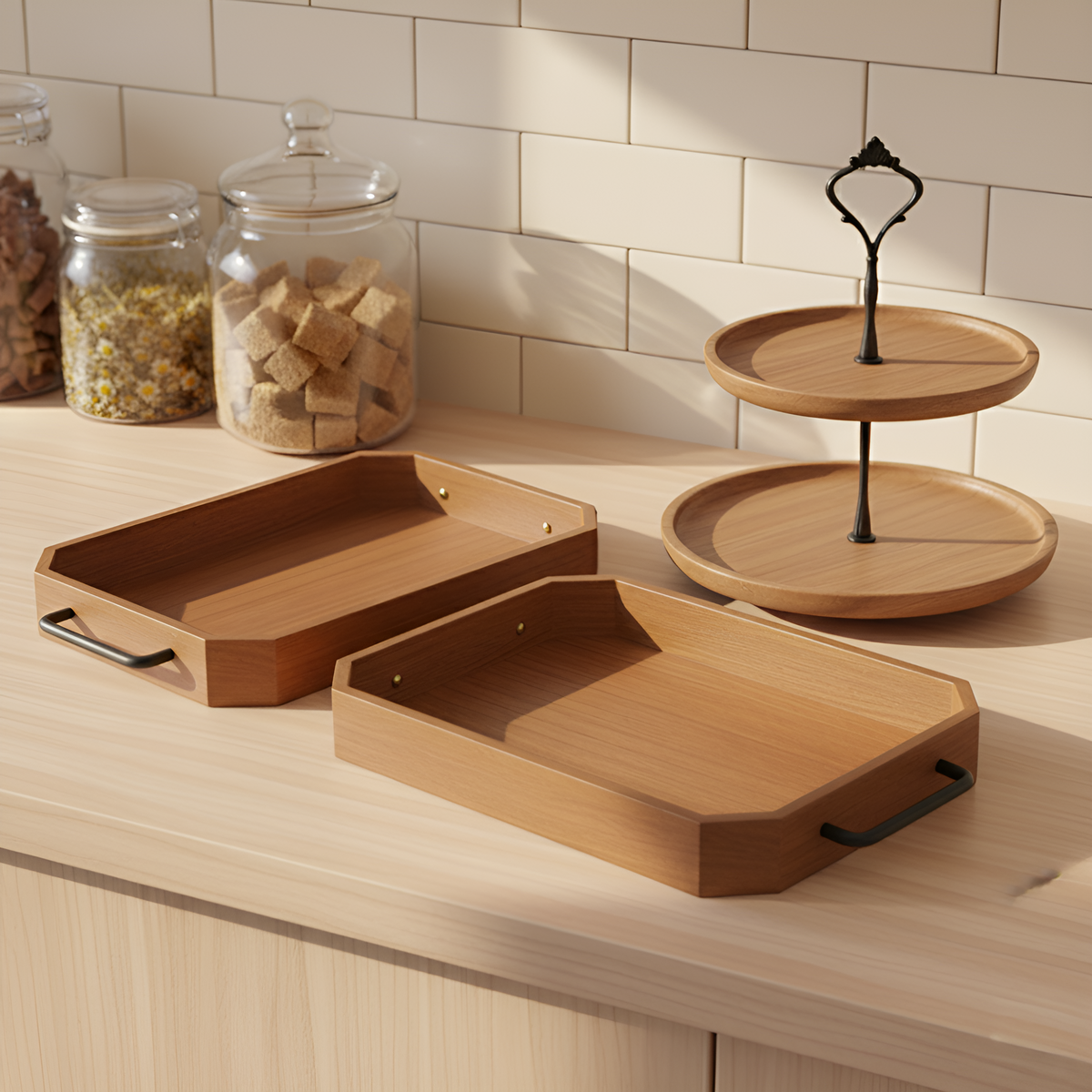 Paulownia Wood Serving Tray & Acacia Dessert Stand Bundle