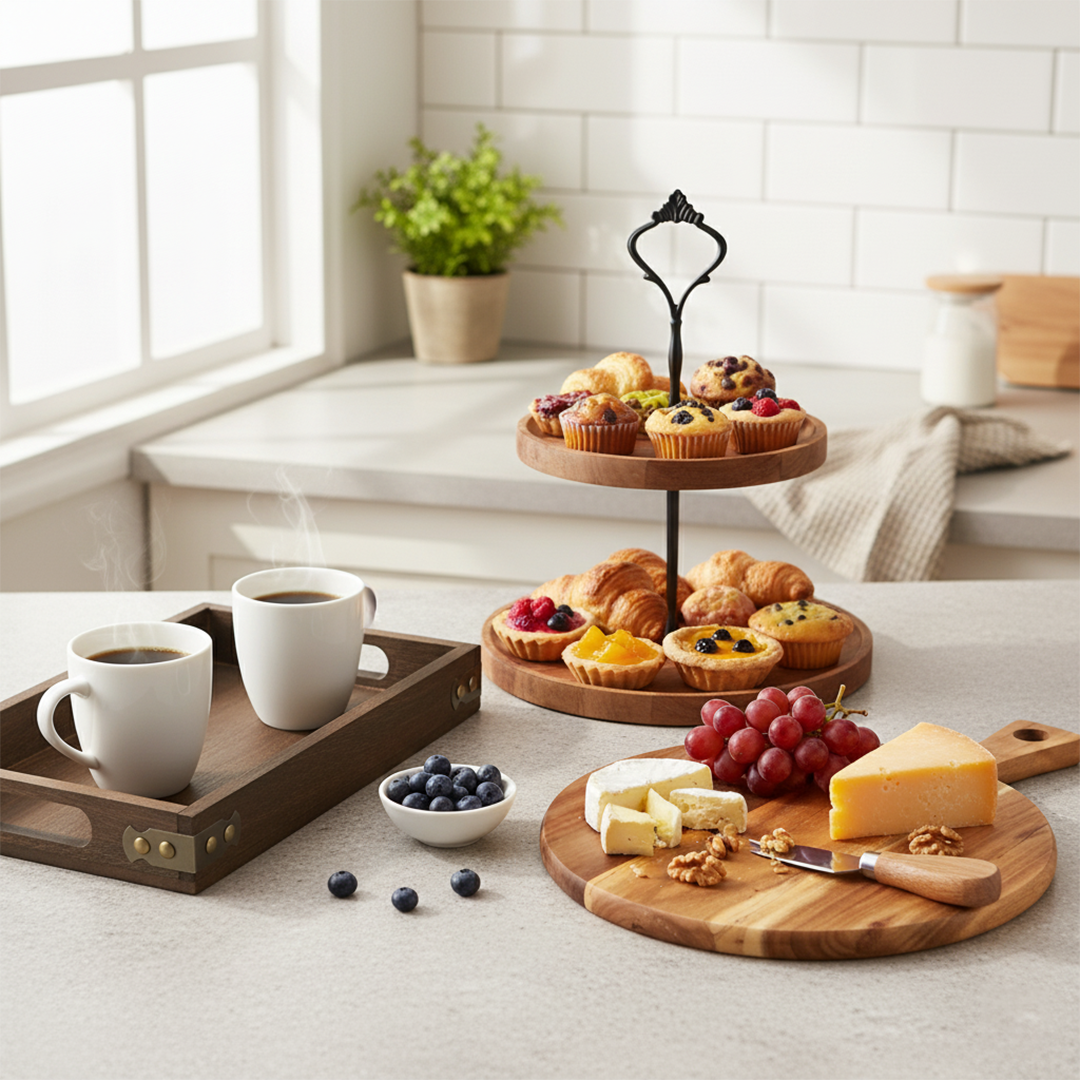 Wooden Dessert Stand, Serving Tray & Cutting Board Bundle
