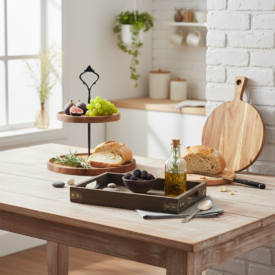 Wooden Dessert Stand, Serving Tray & Cutting Board Bundle