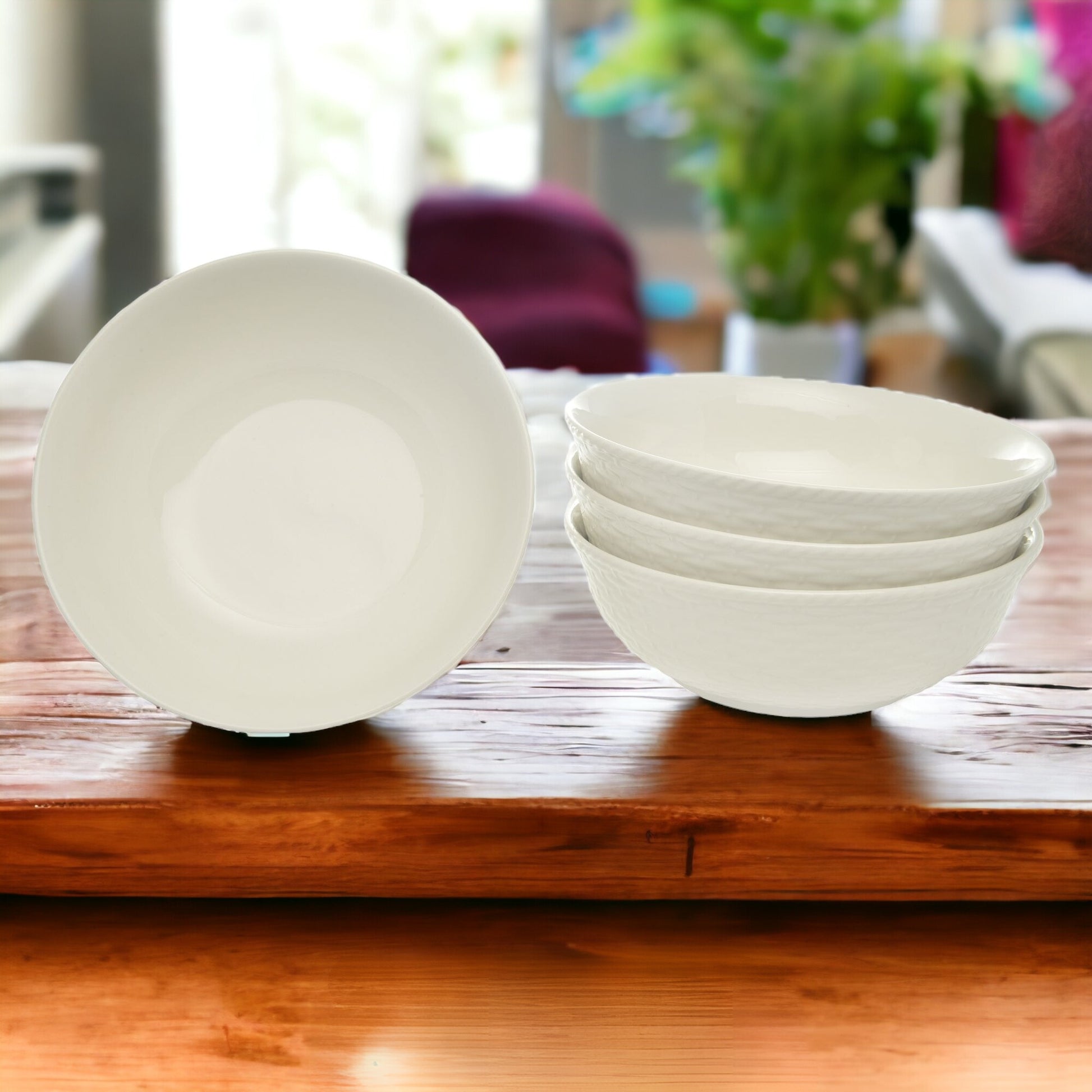 White Four Piece Round Weave Stoneware Service For Four Bowl Set-1