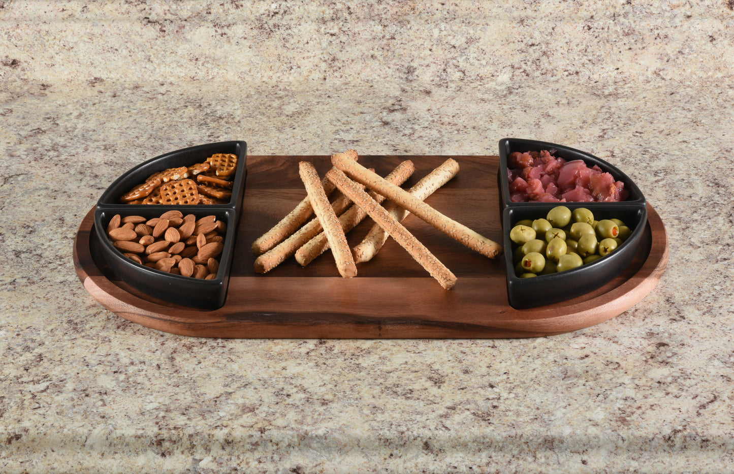 Charcuterie / Serving Tray w/ 4 Triangular Ceramic Bowls