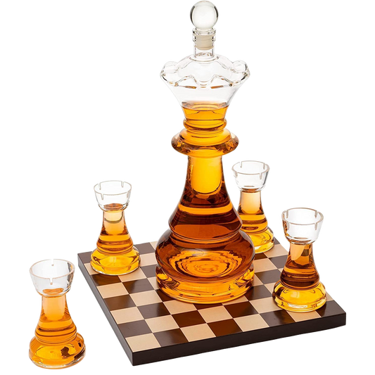 New Chess Decanter Set by The Wine Savant - Queen Chess Decanter 750ml 12" H With 4 Rook Shot Glasses 4oz - Queen's Gambit, Chess Player Gifts, Whiskey, Wine Lovers Gifts for Dad…