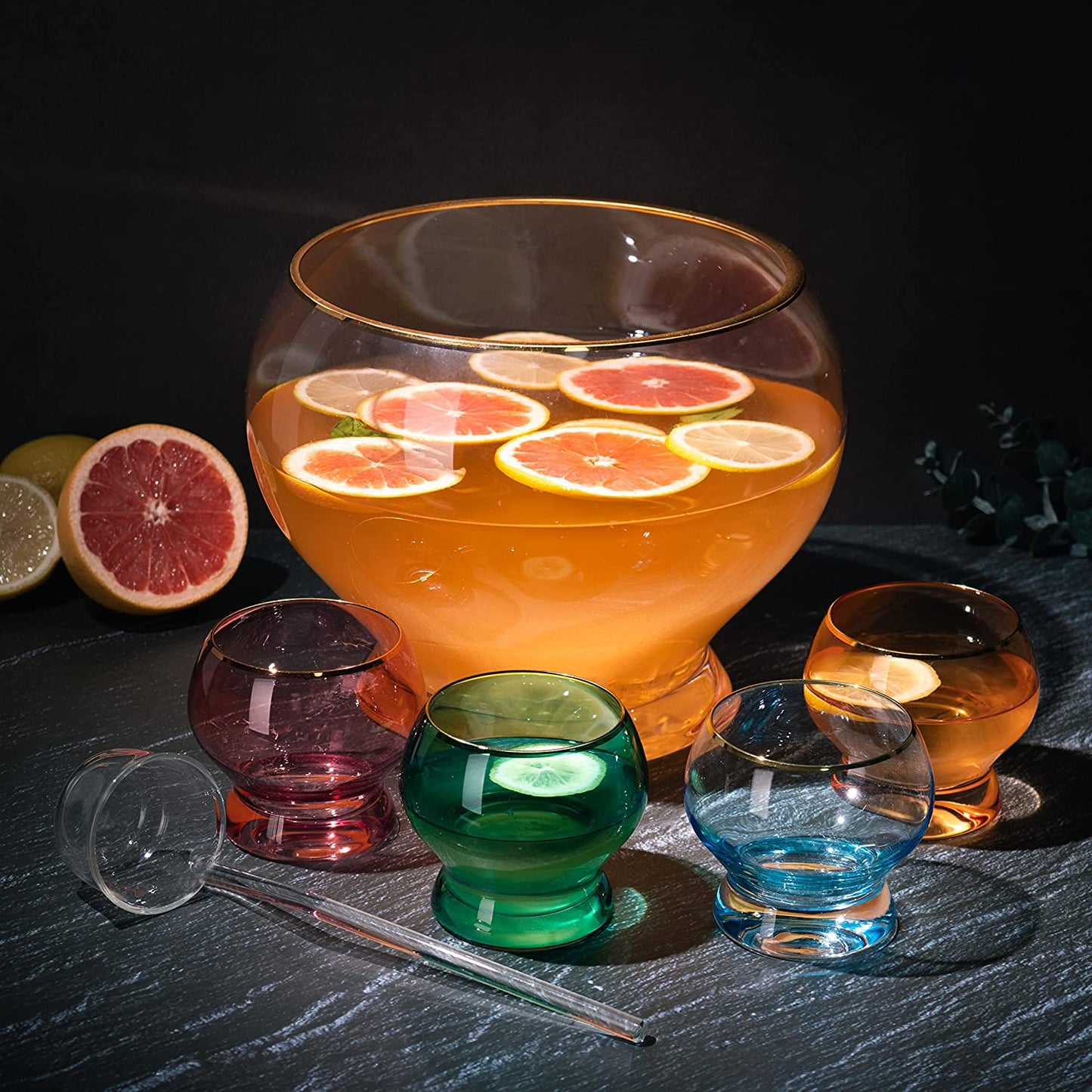 Colorful 1.7 Gallon Punch Bowl with 4 10oz Glasses Set