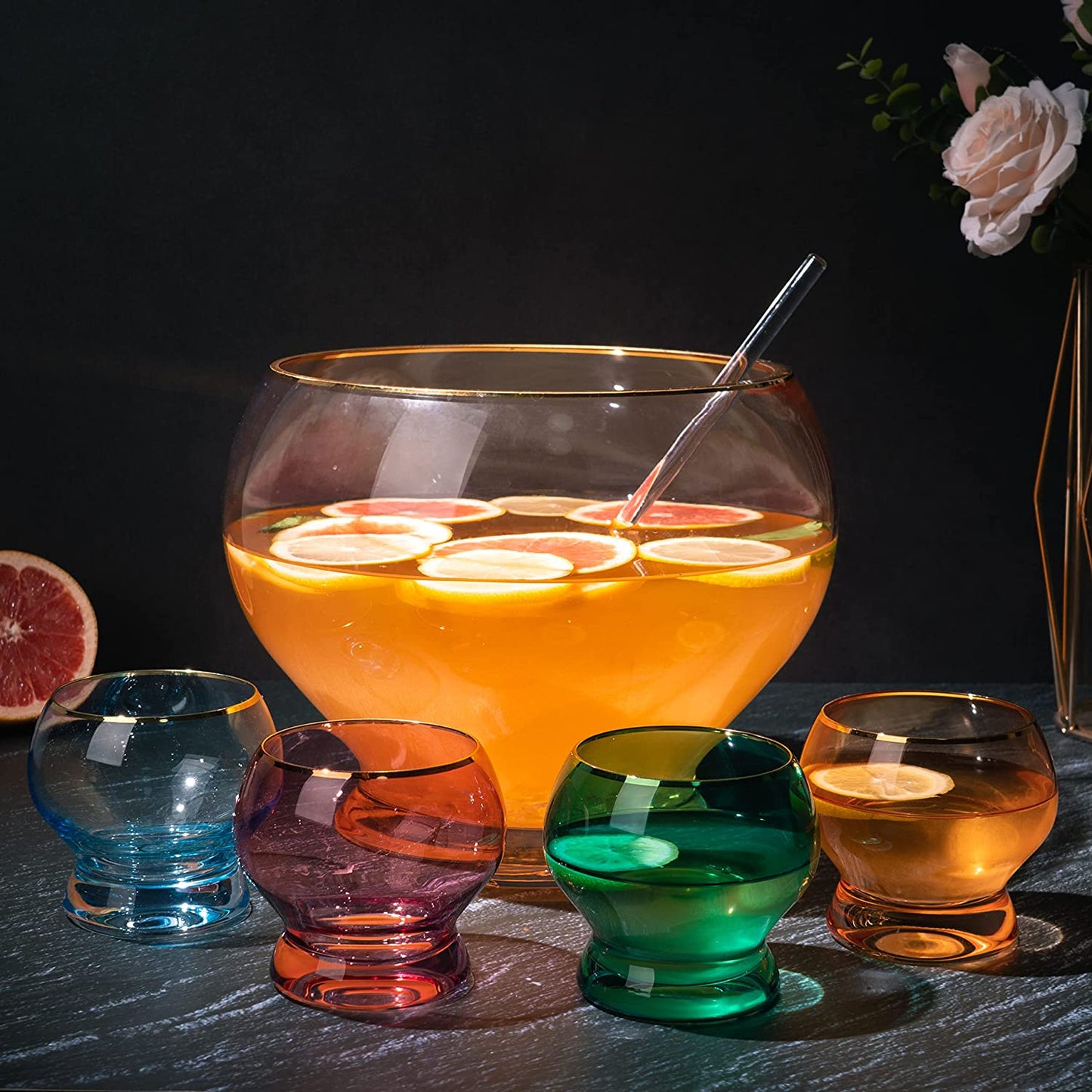 Colorful 1.7 Gallon Punch Bowl with 4 10oz Glasses Set