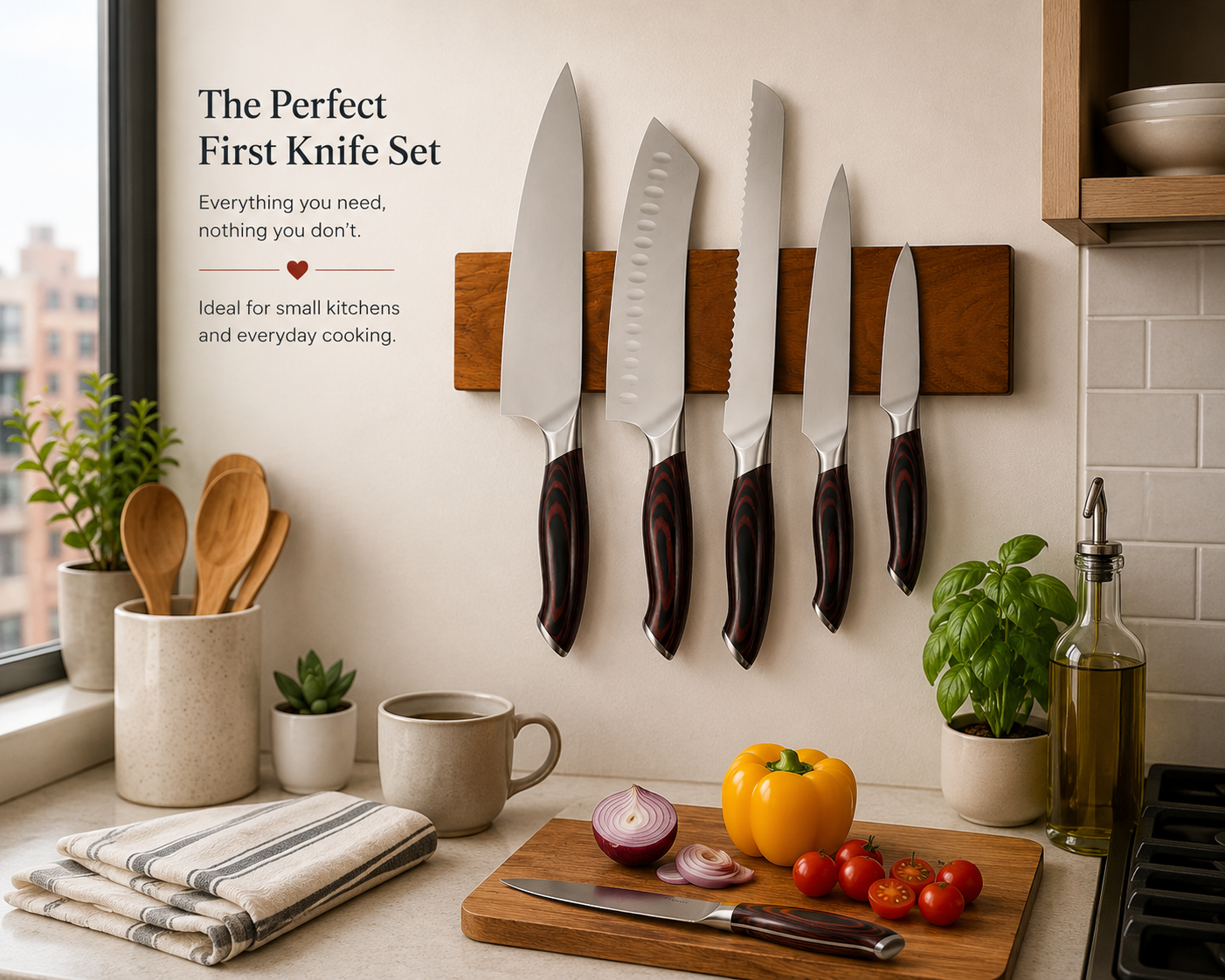 Kitchen Knife Set, 6 Piece High Carbon Stainless Steel Sharp Knife Set, Professional Kitchen Cutlery With Ergonomic Crack-Resistant Handle, And Walnut Finish Powerful Magnetic Knives Holder
