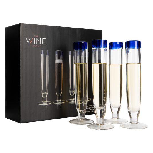Tall Recycled Champagne Flutes - Set of 4 - Mexican Hand Blown Cobalt Blue Rim Flute – Luxury Mexican Thick Glassware 7oz, Juice & Cocktail Drinking Glass Holiday Celebration, Weddings, Anniversary