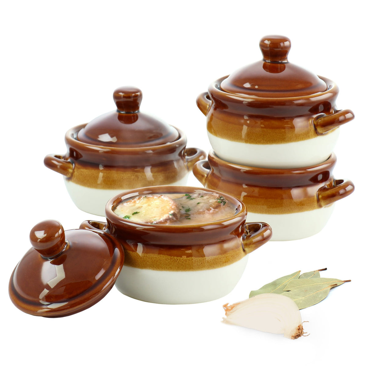 French Onion Soup Bowls with Lids, Set of 4, 15 oz Stoneware