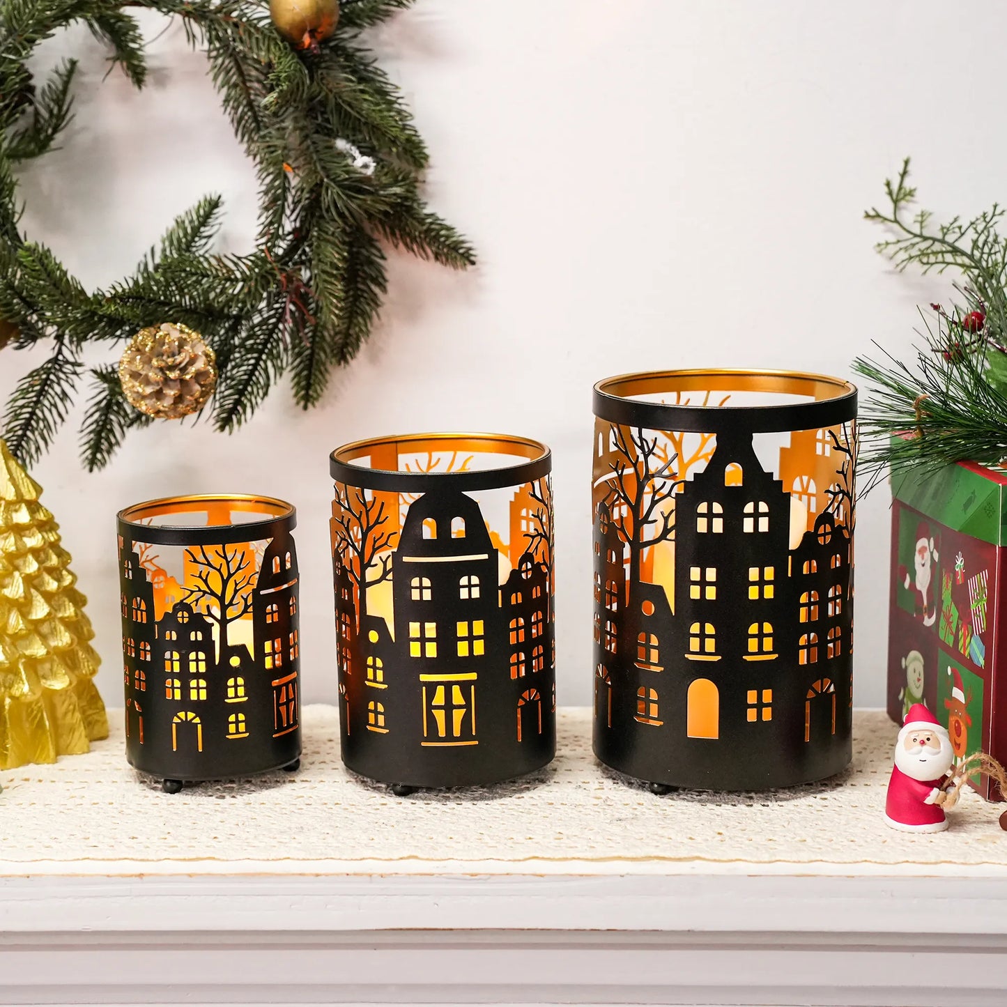 Etched Iron Village Lantern Set — Set of 3