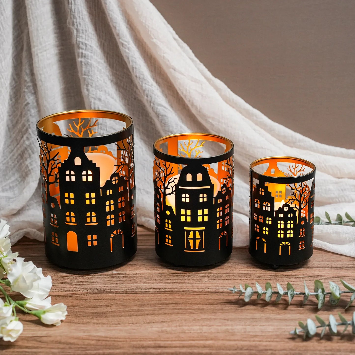 Etched Iron Village Lantern Set — Set of 3