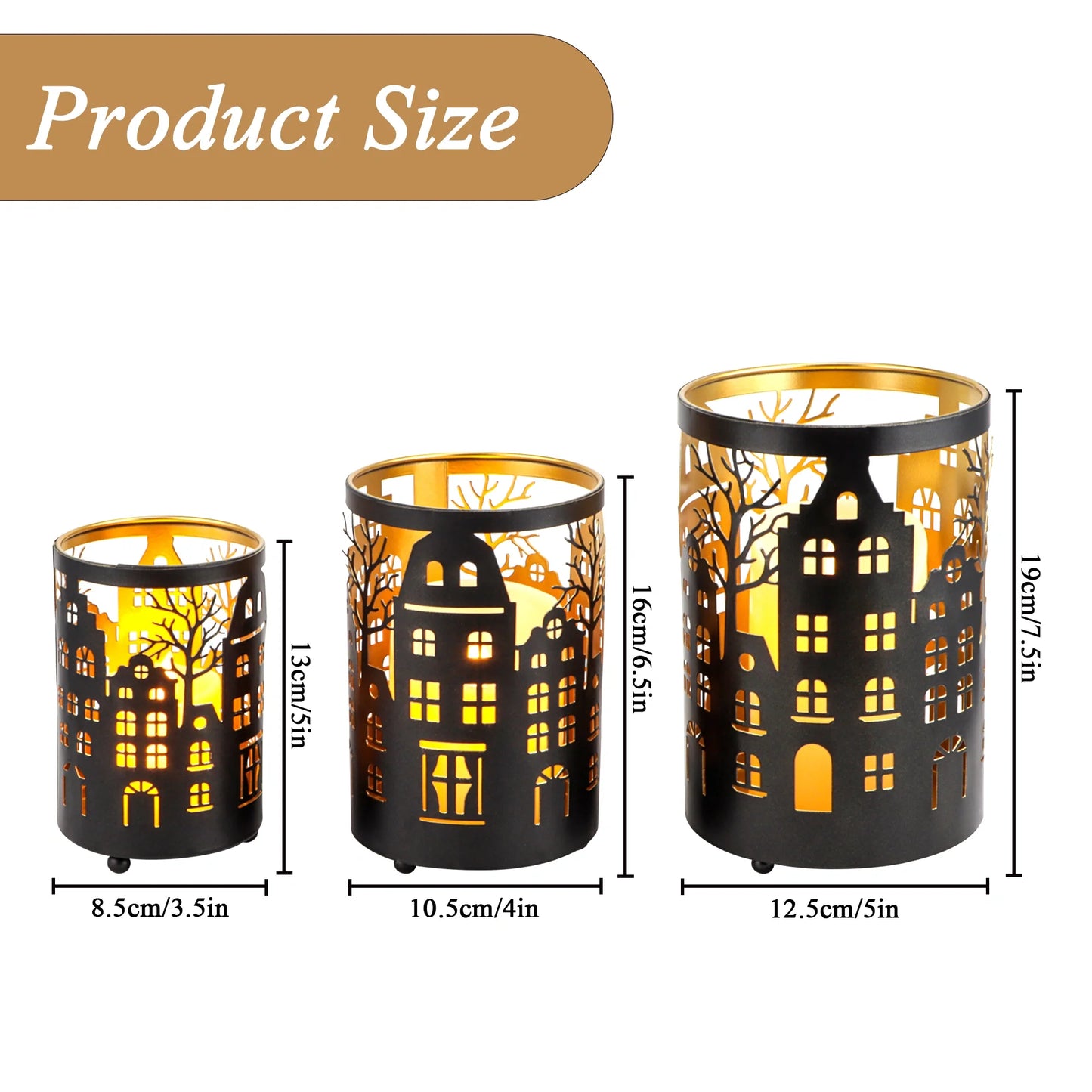 Etched Iron Village Lantern Set — Set of 3