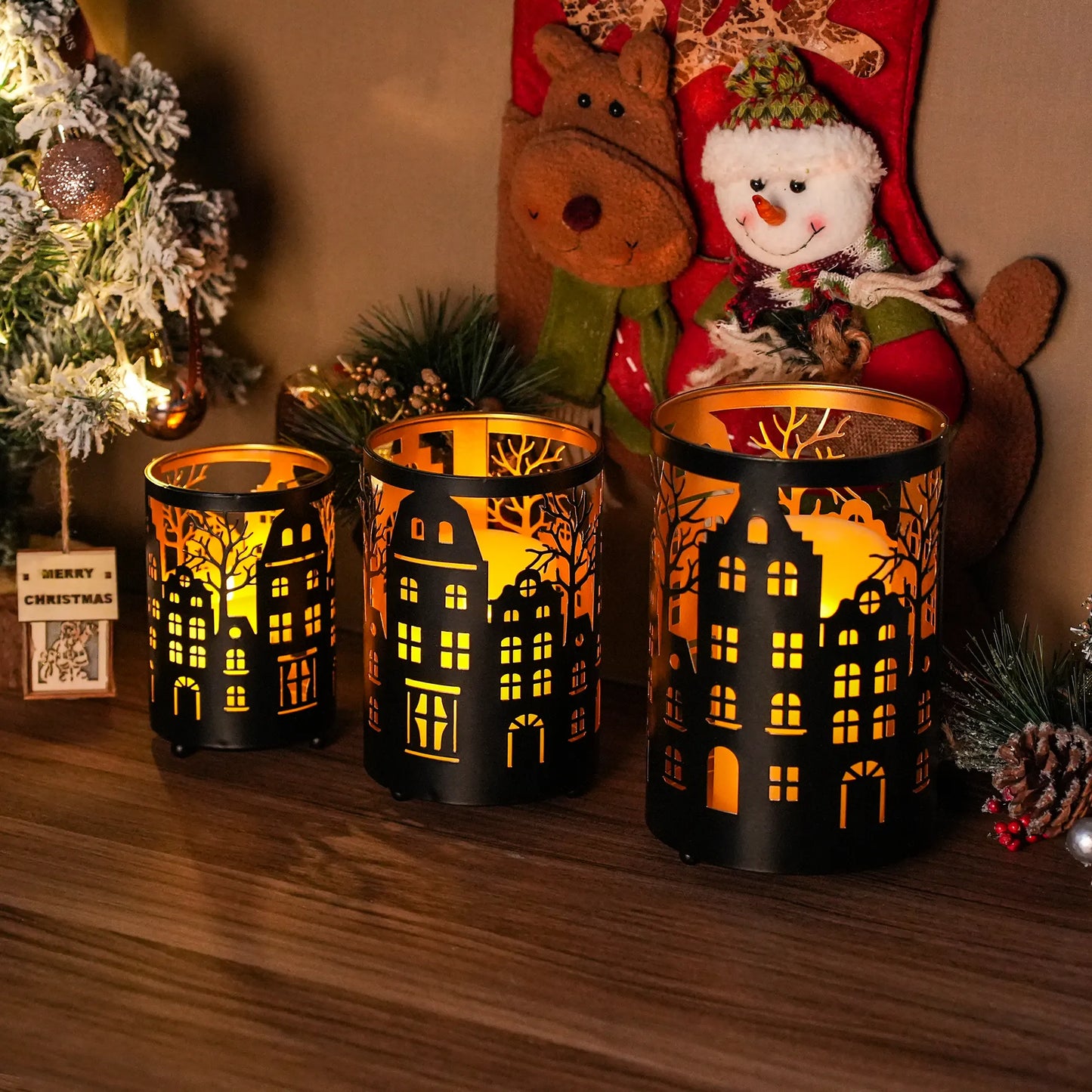 Etched Iron Village Lantern Set — Set of 3