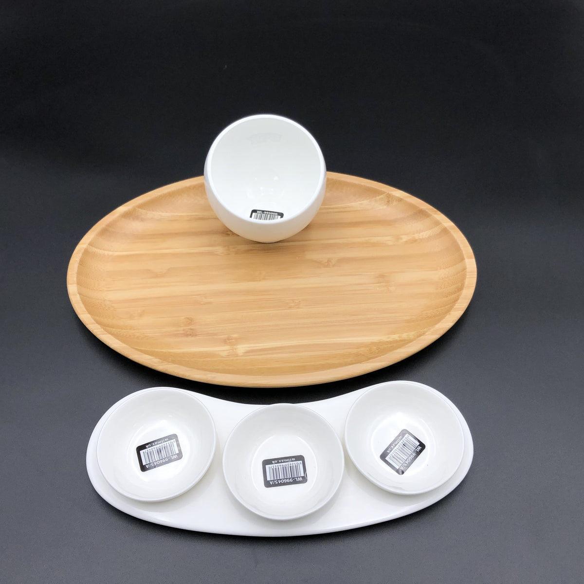 A Mignardises (Petit Four) Serving Set With Bamboo Oval Tray And Porcelain Dishes To Match