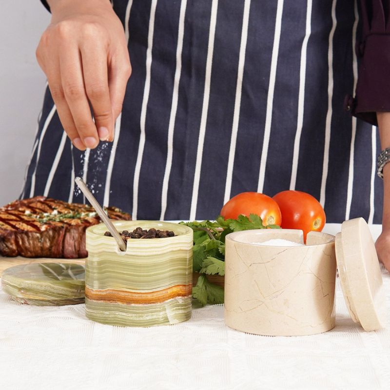 Salt Cellar with Lid, Spoon and Tray - Marble Serving Tray