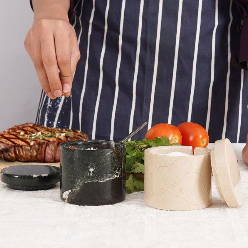 Salt Cellar with Lid, Spoon and Tray - Marble Serving Tray