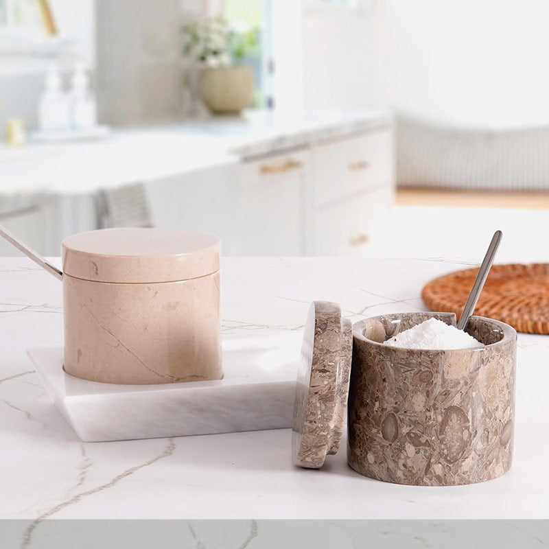 Salt Cellar with Lid, Spoon and Tray - Marble Serving Tray