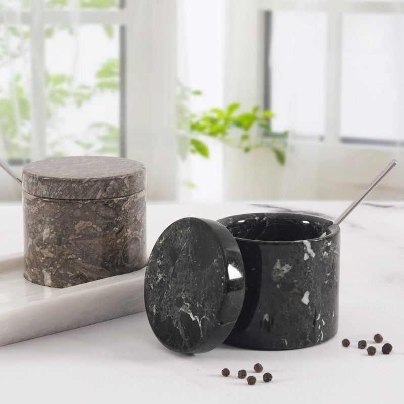 Salt Cellar with Lid, Spoon and Tray - Marble Serving Tray