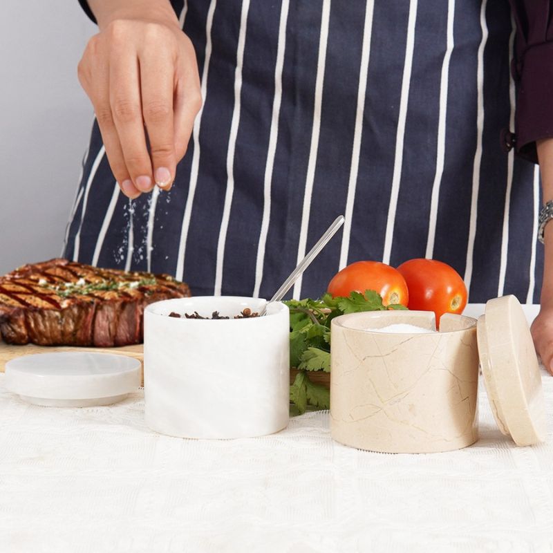 Salt Cellar with Lid, Spoon and Tray - Marble Serving Tray