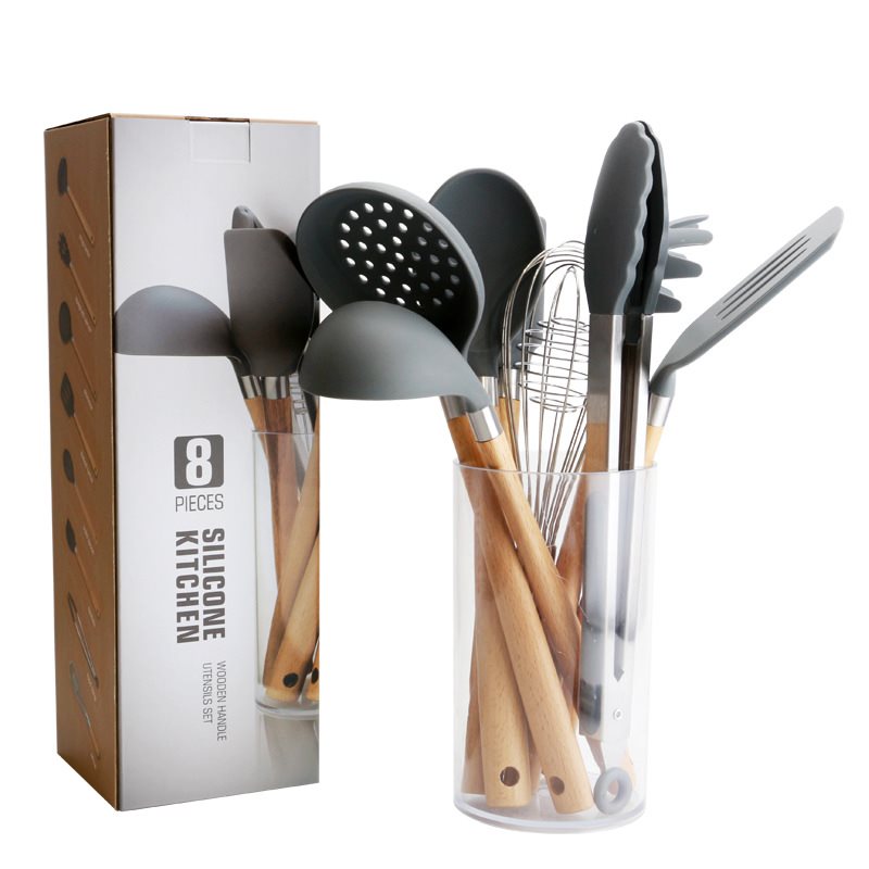 Silicone Kitchen Utensils Set with Wooden Handle