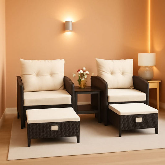 5 Piece Beige Rattan Patio Furniture Set With Ottomans And Coffee Table