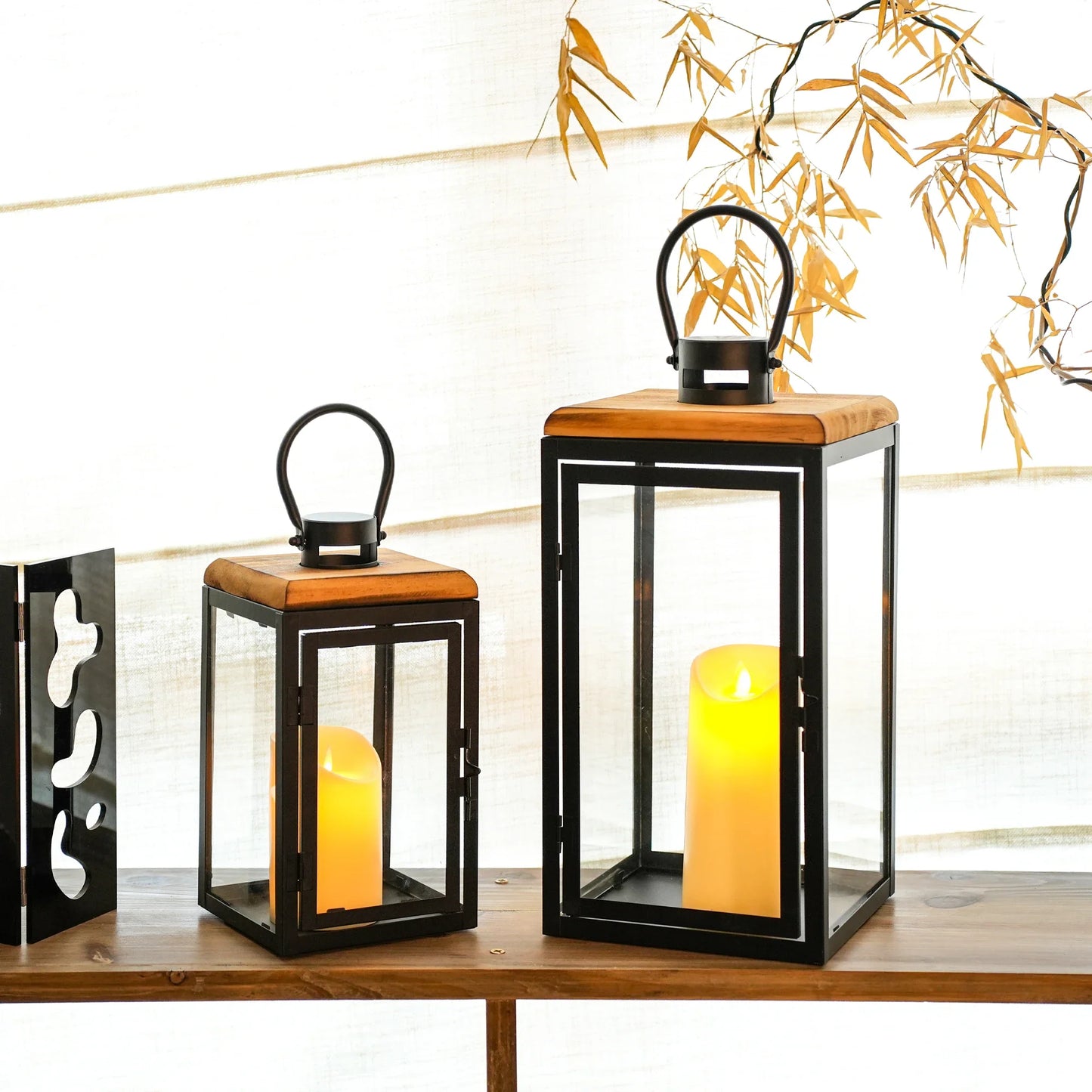 Glass & Wood Candle Lanterns — Set of 2 (16" & 11")