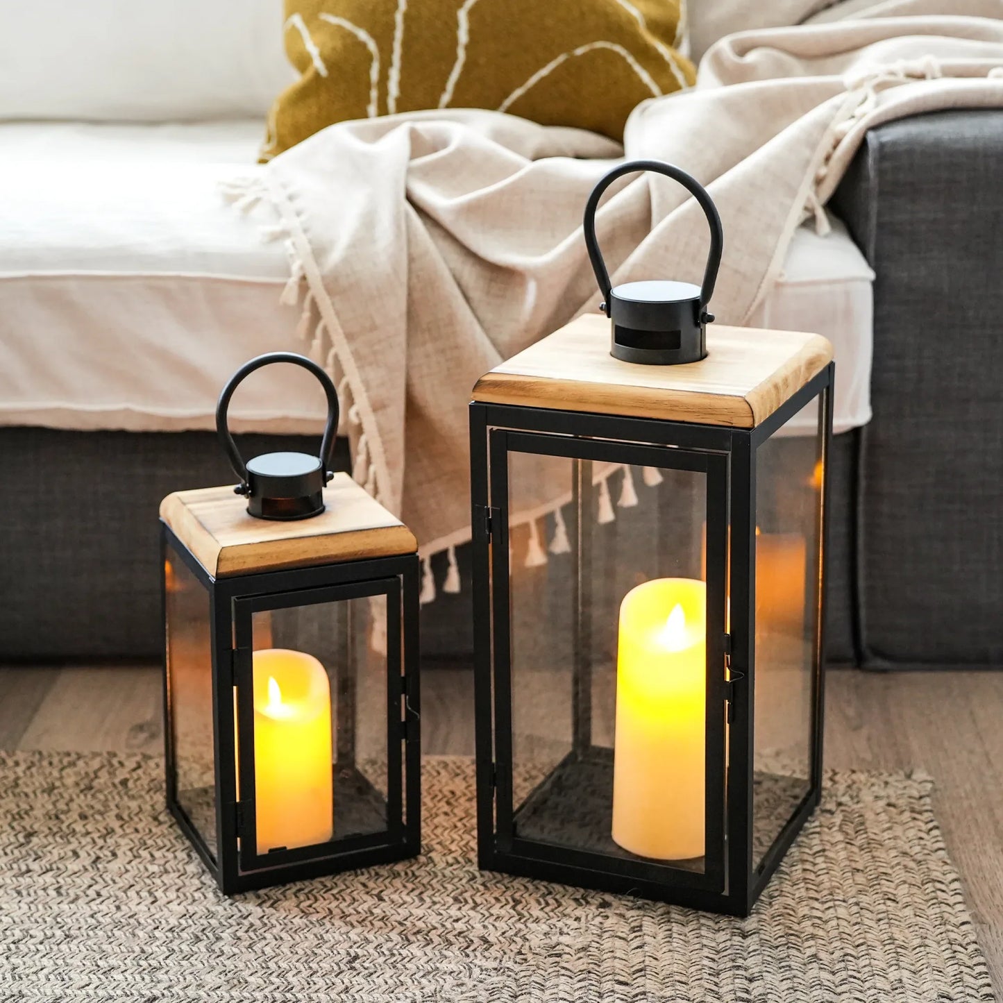 Glass & Wood Candle Lanterns — Set of 2 (16" & 11")