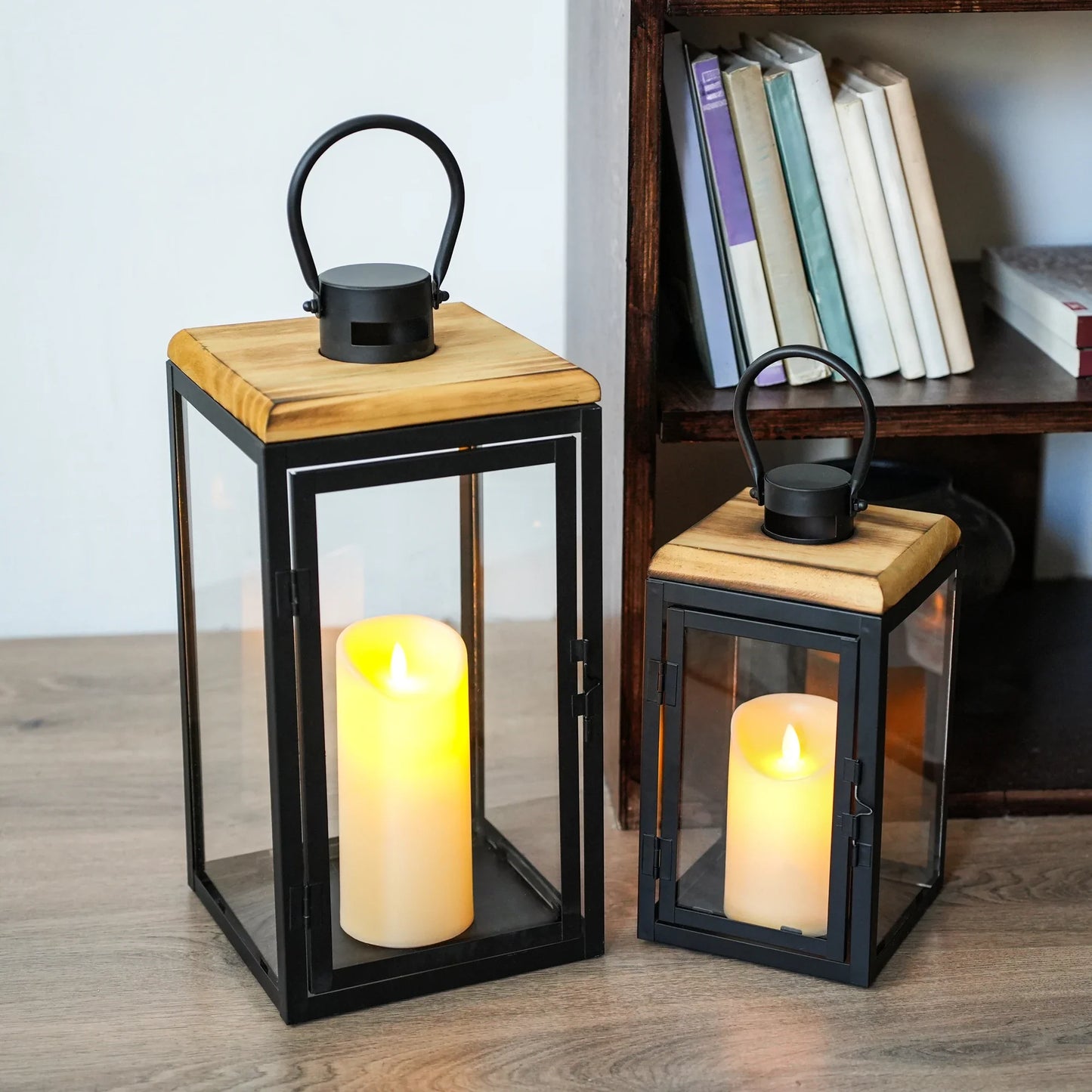 Glass & Wood Candle Lanterns — Set of 2 (16" & 11")