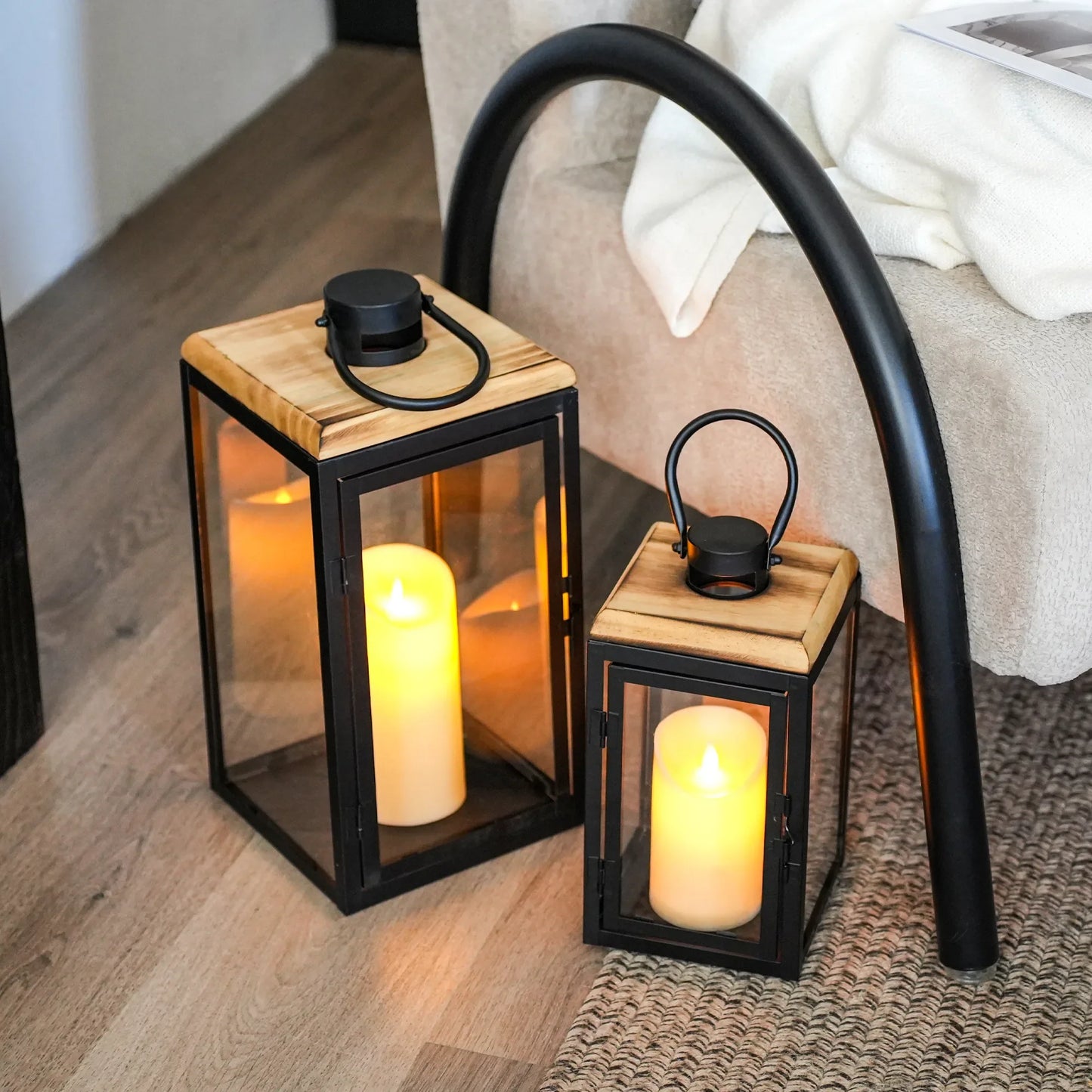 Glass & Wood Candle Lanterns — Set of 2 (16" & 11")