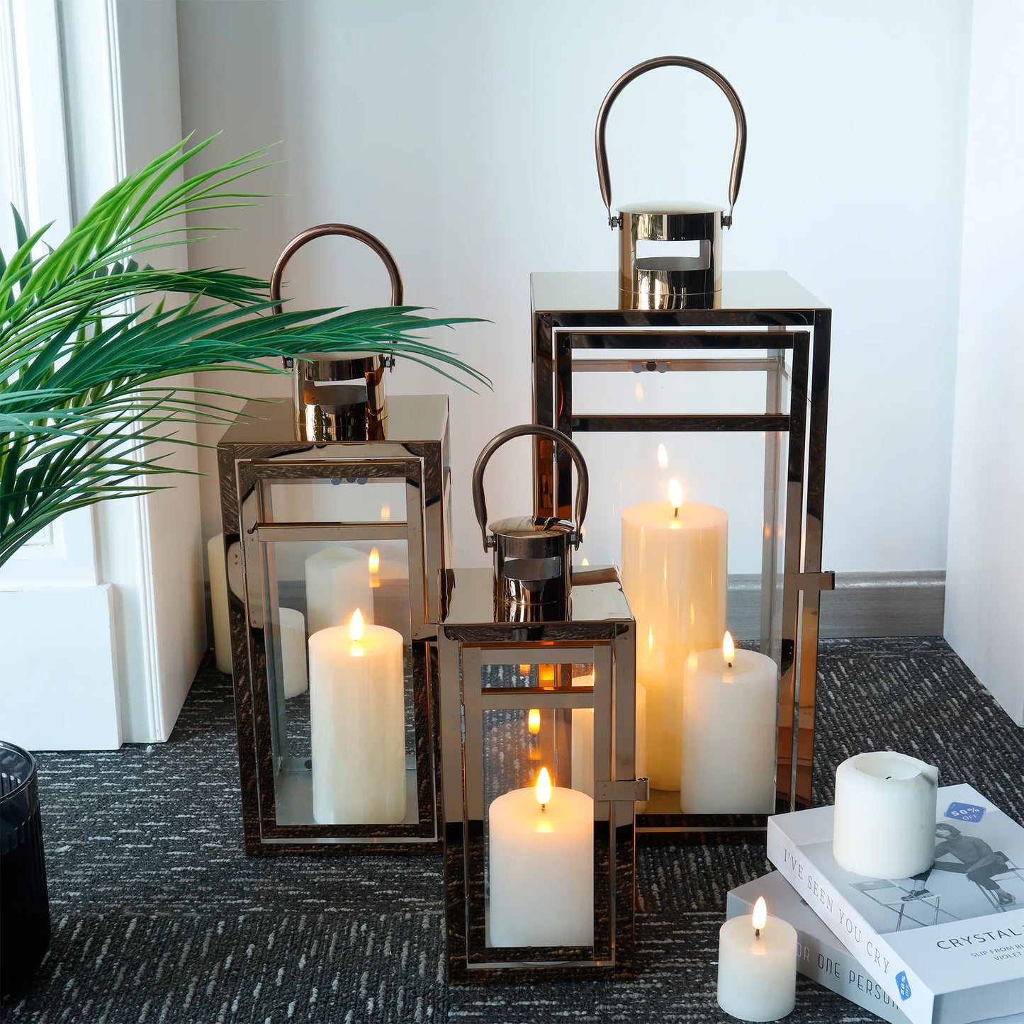 Set of 3 Stainless Steel Lantern  (12/15/19'') -Rose Gold