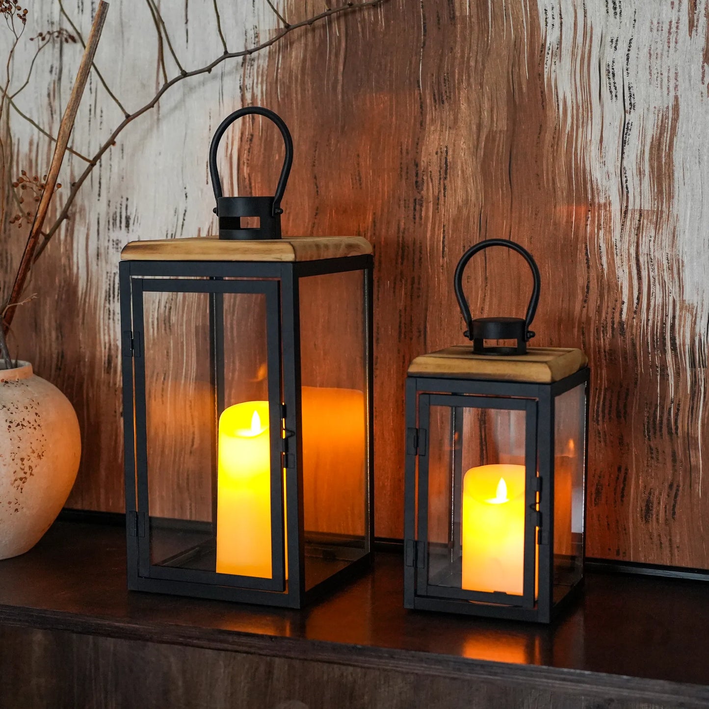 Glass & Wood Candle Lanterns — Set of 2 (16" & 11")